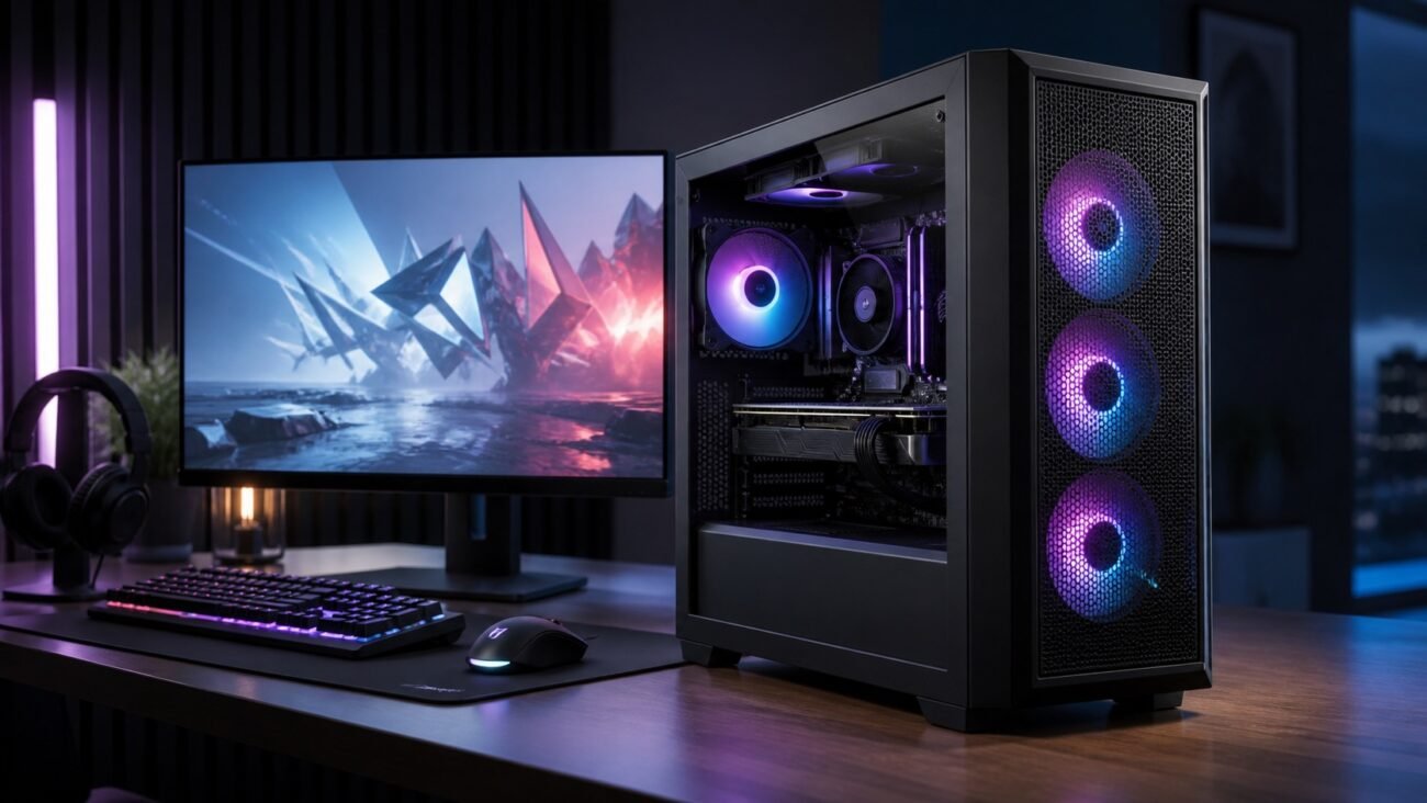 High-performance gaming desktop tower with RGB fans on a modern desk
