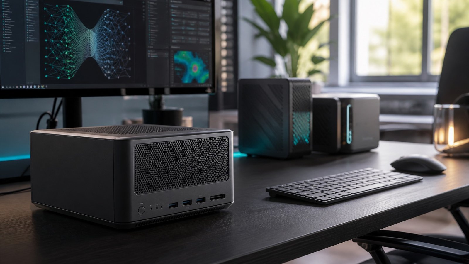 Compact AI workstations on a developer desk for local AI workloads
